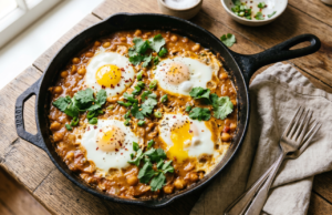 Read more about the article Oto propozycja na coś banalnie prostego, ale wciąż rzadko spotykanego w polskich domach: Shakshuka z masłem orzechowym i ciecierzycą.