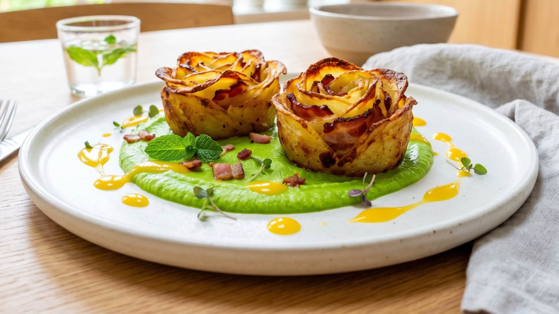 Read more about the article Chrupiące ziemniaczane róże z boczkiem mango-chili na zielonym puree
